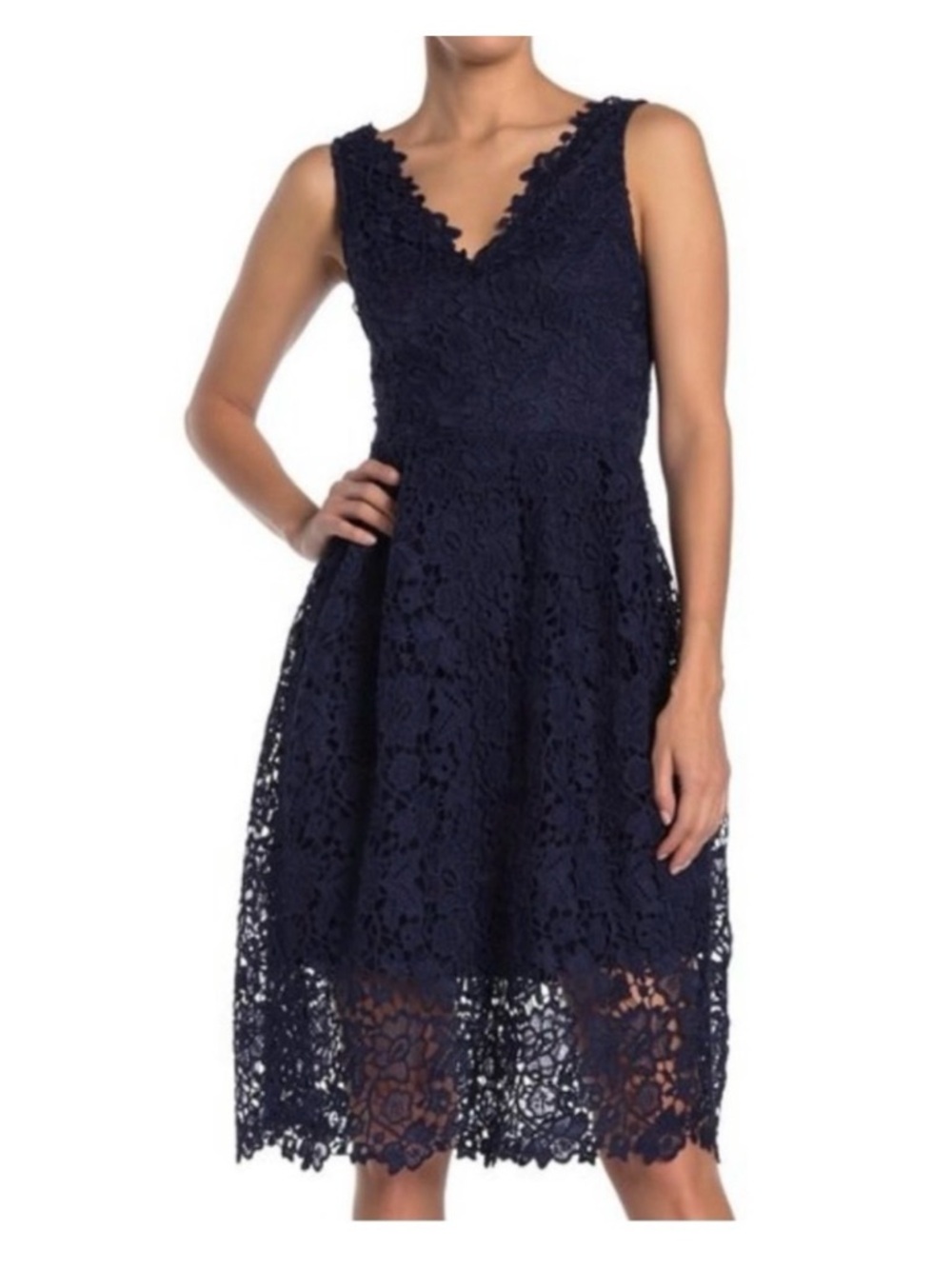 Astr Charming Navy Eyelet Lace V-Neck Fit & Flare V-Neck Midi Dress Size M